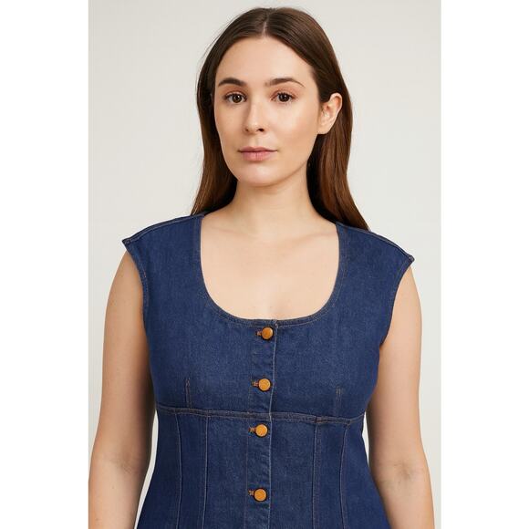 Madewell Y2K Denim Midi Dress Size 14 Benton Wash Blue Square Neck Button Front - Picture 4 of 13